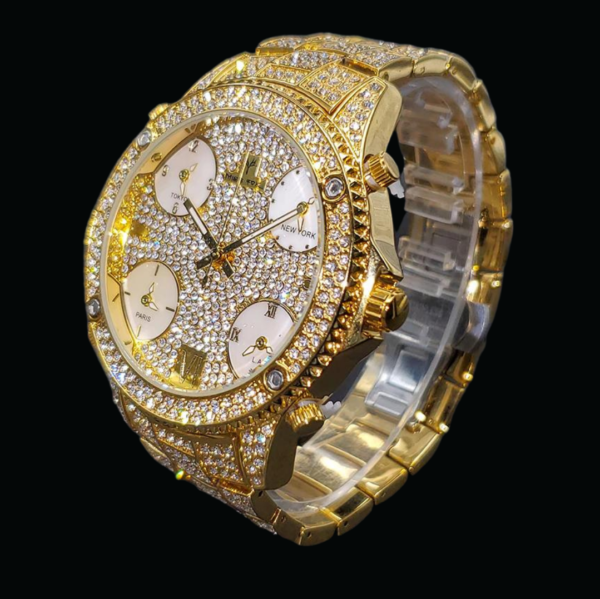 Waterproof Big Dial Dual Time Iced Out Diamond Watch