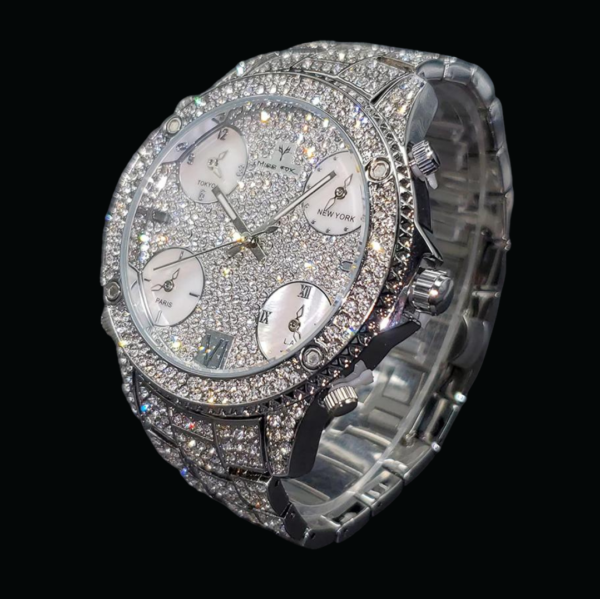 Waterproof Big Dial Dual Time Iced Out Diamond Watch