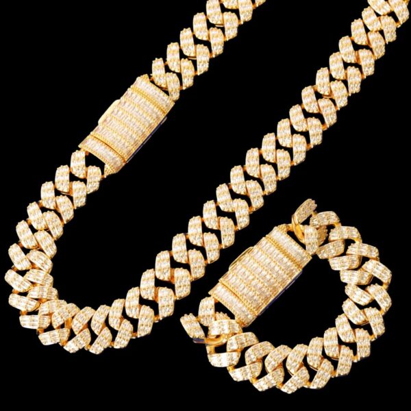 20MM Baguette Cut Diamond Clasp Iced Out Diamond Necklace Bracelet Set