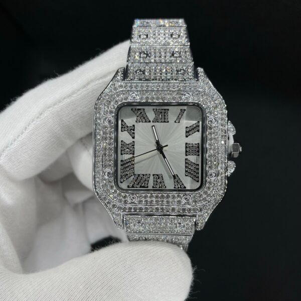 Square White Gold Dial VVS Numerals Iced Out Diamond Watch