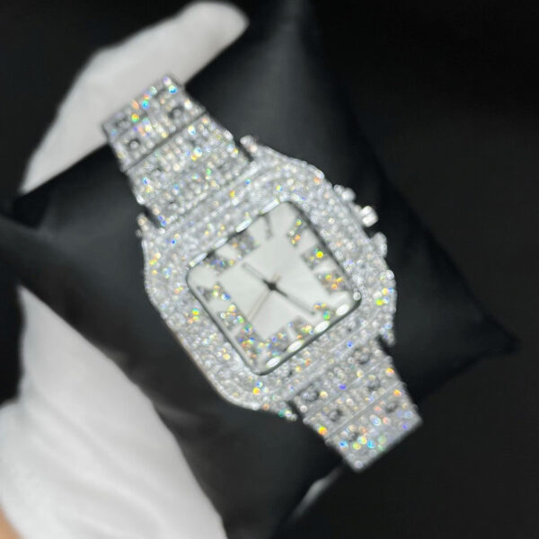 Square White Gold Dial VVS Numerals Iced Out Diamond Watch