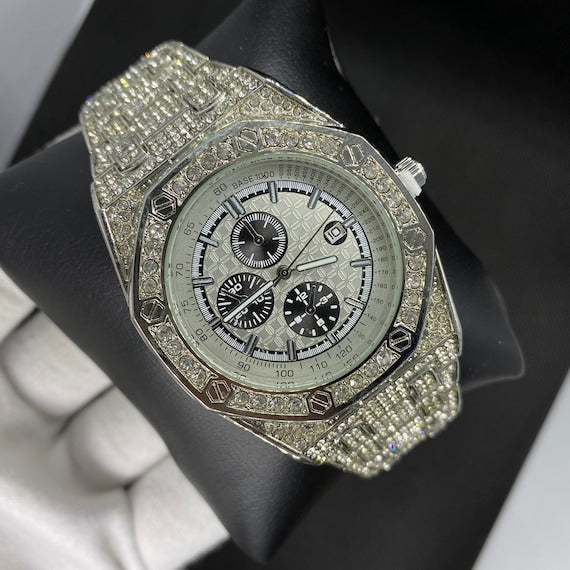 Date Blacked Chronograph Iced Out Diamond Watch