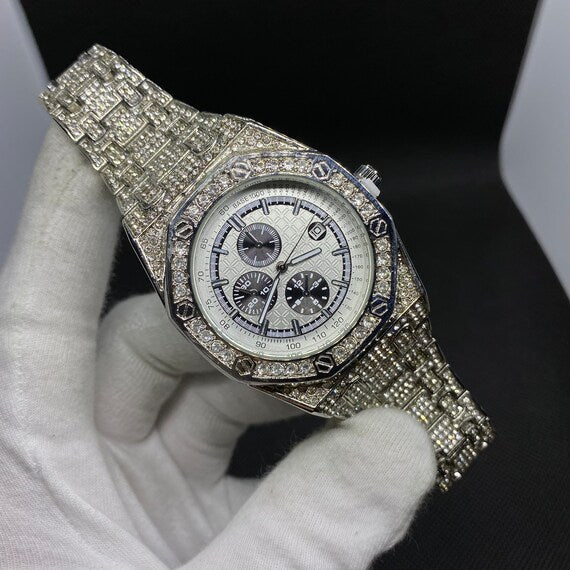 Date Blacked Chronograph Iced Out Diamond Watch